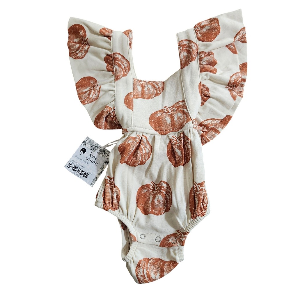 NEW Kate Quinn Harvest Pumpkin Ruffle Strap Bubble Romper 6-12M Organic Cotton